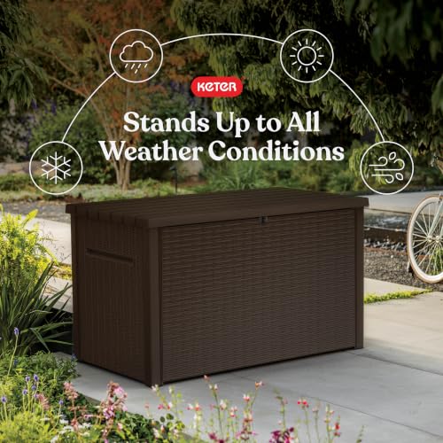Image of Keter Luma 230 Gallon Deck Box - Extra Large Lockable Outdoor Storage Container, Weather-Resistant Resin, Soft-Close Lid, Rattan Design for Patio, Pool & Garden Storage