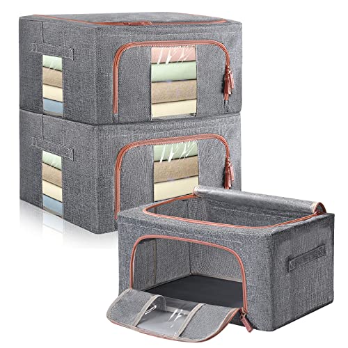 24L Sac de rangement pour vêtements, cadre en métal empilable, fermeture à glissière à double ouverture, lin de coton épais, protégé de la poussière et de l'humidité (lot de 3) Cover