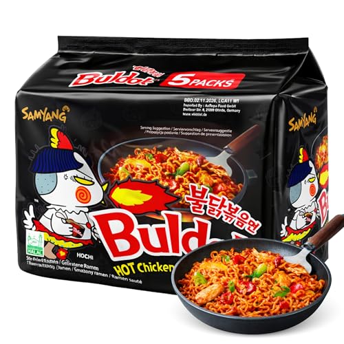 Ramen con fideos salteados con pollo picante Samyang Buldak, Hot Chicken Ramen Pollo, Hot chicken ramen instantáneo muy rico y picante, Sabor Pollo picante, Pack 5 paquetes de 140g cada uno