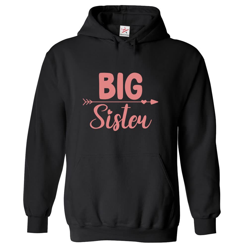 Stars and Stripes Big Sister Women Girls Adults Pullover Hoodie For Big Sis (L, Black)