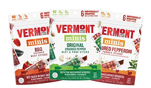 Vermont Smoke & Cure Mini Meat Sticks - Antibiotic Free Beef, Pork and Turkey - Gluten Free Snack - Paleo and Keto Friendly - Variety Pack, .5oz Jerky Stick, 6 Count Go Pack, Pack of 3