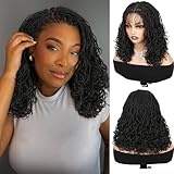 Lady Hanne Micro Twist Braided Double Full Lace Wigs for Black Women Mini Braid Wig with Baby Hair Short Curly Box Braid Lace Synthetic Black Hair 14Inch