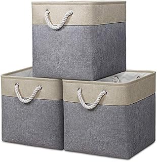 Syeeiex Storage Cube Basket [3-Pack] Foldable Canvas Fabric Storage Box Set with Handles for Organizing, Shelves, Toys, Clothes, Office (13 x 13 x 13 inch) (Beige/Grey)