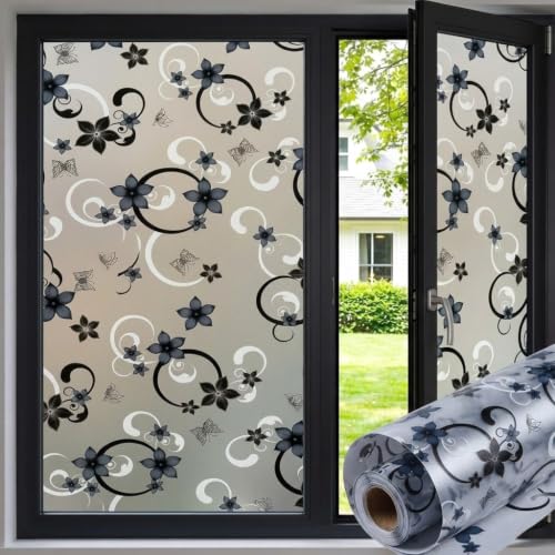 Image of Premium Vinyl Privacy Stained Window Glass Sticker (16x360 Inch) - Self-Adhesive Decorative Sticker Opaque Tint Wallpaper for Glass Cover Window, Door, Home.| Anti-UV. Black Blue Flowers