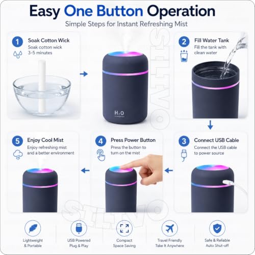 Image of Portable USB Humidifier with 7 Color LED Night Light, Ultra Quiet Cool Mist Humidifier for Bedroom, Office, Car & Home, BPA Free Air Mist Diffuser for Better Sleep & Relaxation by ComSaf (Multi Color)