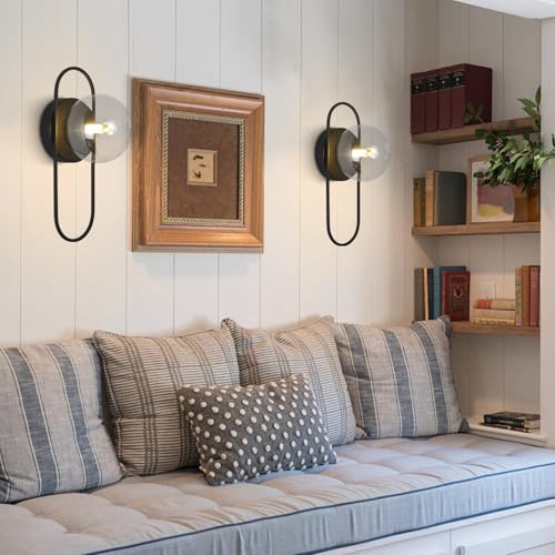 Image of Mid Century Globe Wall Sconce Modern Indoor Sconces Wall Lighting Black Bathroom Sconces Set of 2 Bubble Glass Vanity Light Vintage Bedroom Wall Sconces (2 Pack)