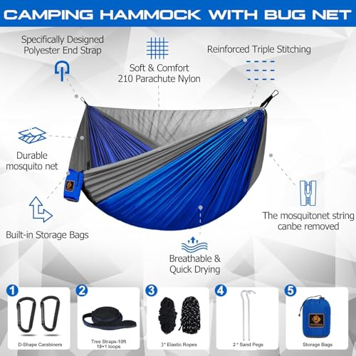 Image of Camping Hammock, Portable Hammocks with Mosquito Net,Lightweight Nylon Parachute Hammock with 10ft Tree Straps,Camping Gear Must Haves for Travel Hiking Backpacking Beach Patio-Blue&Grey