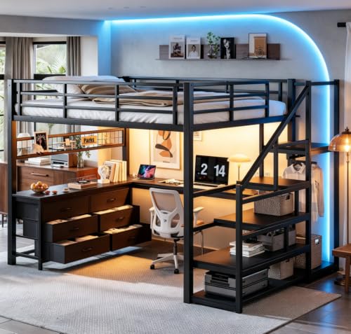 Image of Bellemave Queen loft Bed with Storage Stairs, Wardrobe, Shelves, Metal Queen Loft Bed Frame for Adults, Kids, Teens, Black