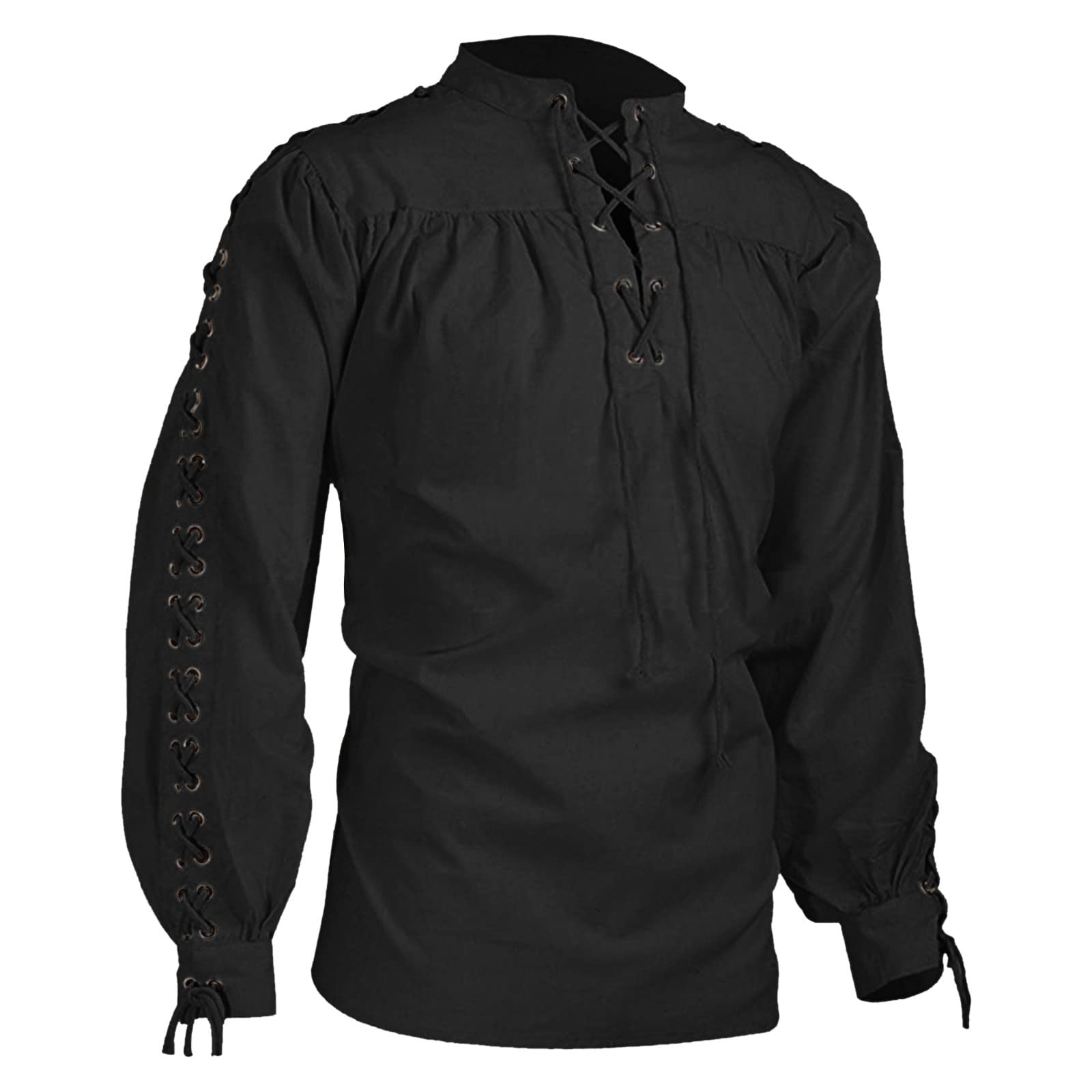 Men's Medieval Pirate Shirt - Retro Renaissance Gothic Steampunk Vibe, Long Sleeve Lace Up Closure, Victorian-Inspired Pullover Top Black