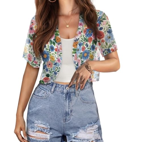 Image of Womens Short Sleeve Cardigans Lightweight Summer Cardigan Trendy Bolero Shrug Cute Floral Cardigan Sheer Bolero