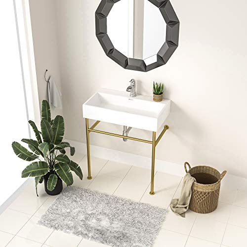 Console Sink with Gold Legs, Logmey 30 Inch Ceramic Basin Logmey Glossy White Rectangle Porcelain Freestanding Bathroom Sink With Tower Bar And Chrome Finishi Overflow,Pedestal Bathroom Sink