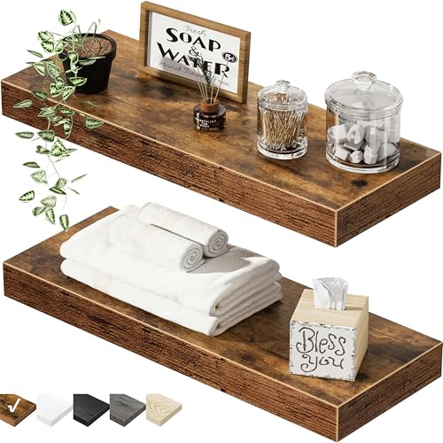 QEEIG Bathroom Floating Shelves for Wall - 15.7' Wall Mounted Shelf Over Toilet Farmhouse Home Decor Display Bookshelf Small 15.7 x 6.7 inch Set of 2, Rustic Brown (008-40BN)