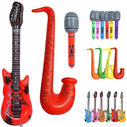 Inflatable Microphone and Saxophone Set Six Piece PVC Musical Instruments Collection for Party Decorations Blow Up Guitar and Microphones for Themed Events and Photo Booth Props