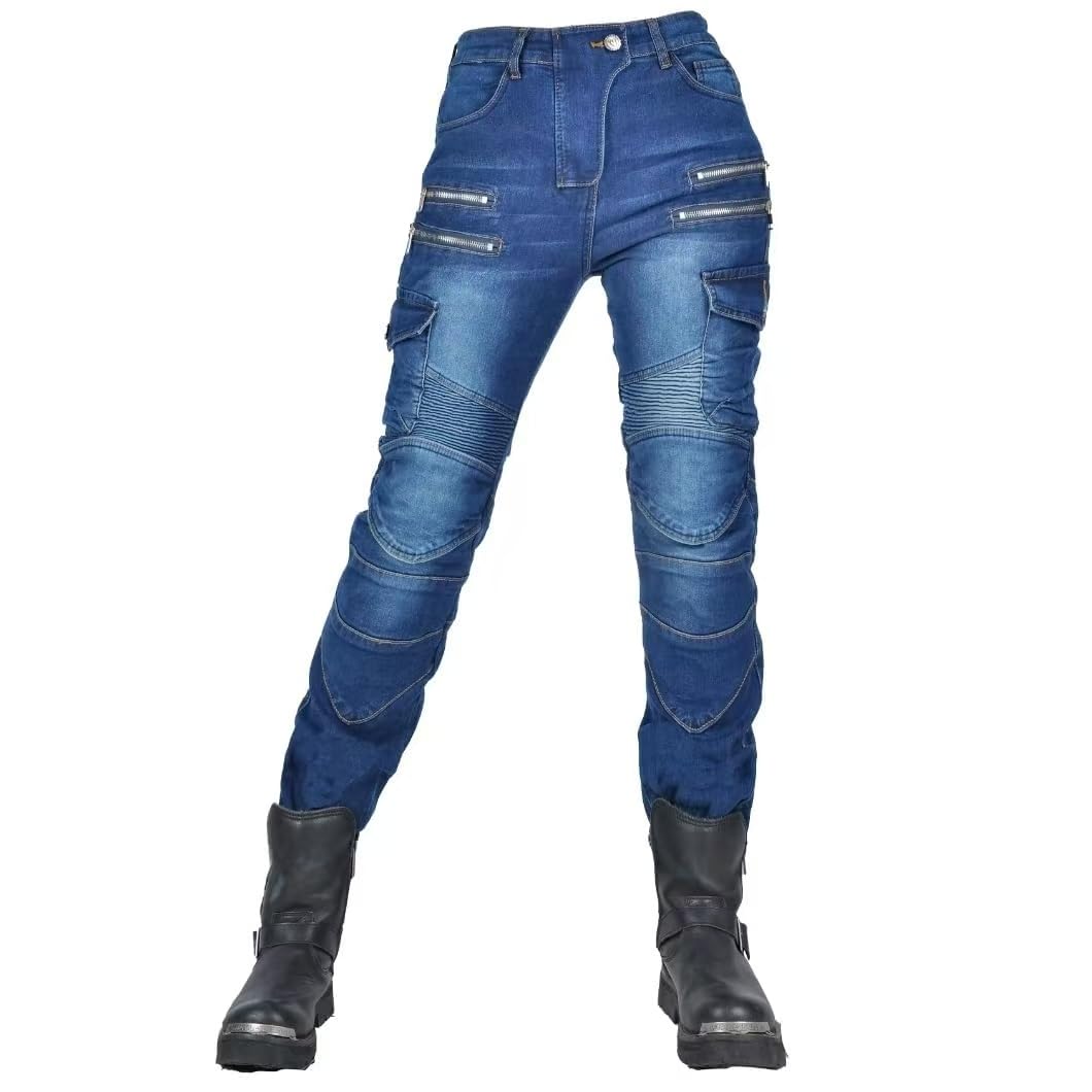 Donna Moto Jeans Motociclette Pantaloni con Fodera Protettiva Motorcycle Pants (IT, Misura del girovita & Misura del Cavallo, 28, 31, Blu)