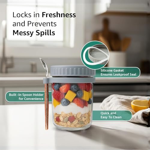 Image of COOLBIT Pack of 2 (350ml) Overnight Oats Containers Jar with Lids & Spoons, Glass Yogurt Parfait Cups, Meal Prep Snack Jars, Leakproof Food Storage for Breakfast, Dessert & Lunch.