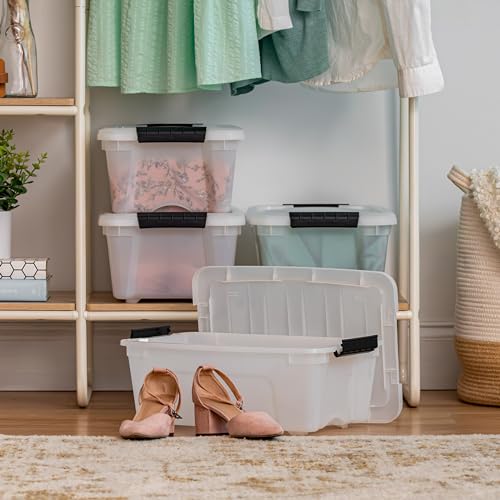 Image of IRIS USA 13 QT Plastic Storage Box with Lid and Latches - 4 Pack - BPA-Free, Discreet Organizing Solution, Durable Nestable Stackable Containers, Secure Pull Handle - Pearl