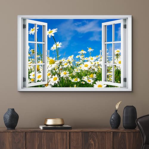 wall26 Canvas Print Wall Art Window View Daisy Flower Floral Botanical Sky Field Wilderness Nature Photography Realism Scenic Landscape Colorful Multicolor for Living Room, Bedroom, Office - 16\"x24\"