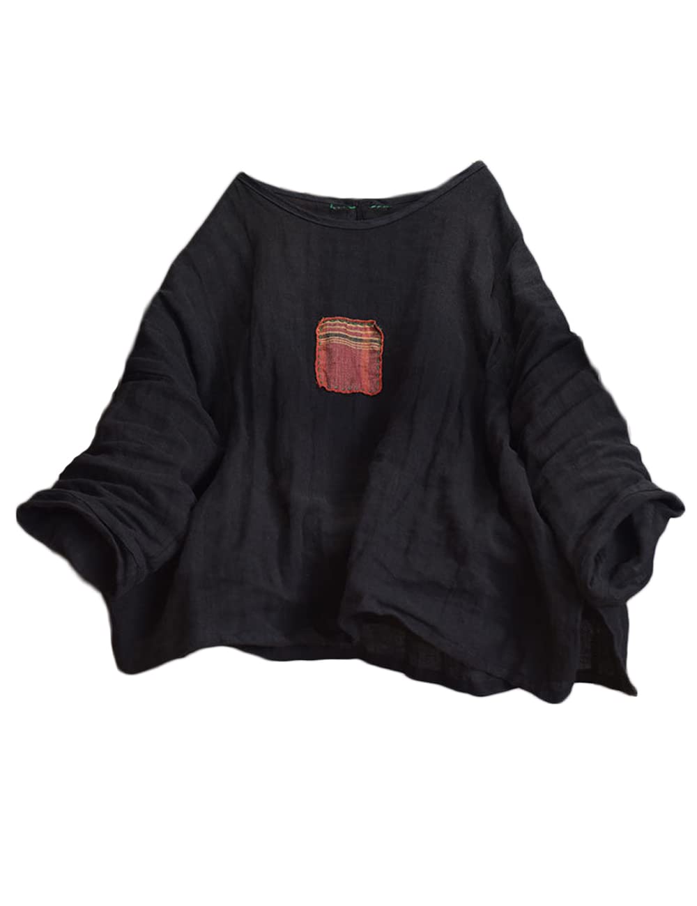 NFYM Damenbluse aus pflanzengefärbtem Leinen, einzigartiges Patch-Design, 3/4-Ärmel, Sommer-Top, Schwarz, Einheitsgröße