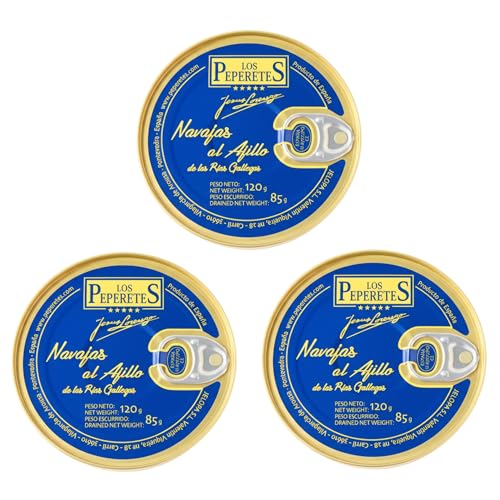 LOS PEPERETES x3 Lata Navajas al Ajillo 120 g | Marisco Gallego Gourmet | Elaboración Artesanal | Conserva Premium con Aceite de Oliva, Ajo y Guindilla | Sabor Tradicional de Galicia