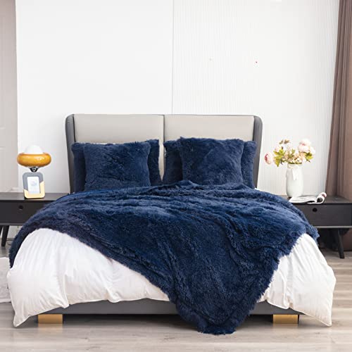YUSOKI Faux Fur King Blanket(Navy Blue,90" x 104"),Whithout Pillows,Winter Lightweight Plush Fuzzy Soft Cozy Microfiber Comfy Bed Blanket for Women Kids Girls Couch Sofa Washable