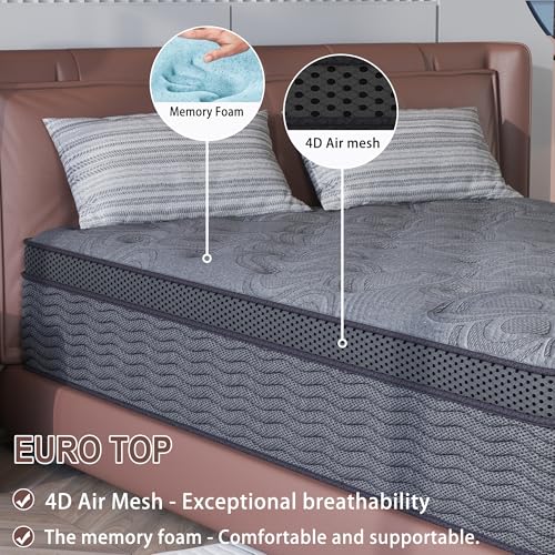 Queen Mattress, 9 Inch Hybrid Mattresses Grey with Gel Memory Foam and Individually Pocket Innerspring Euro Top Medium Firm for Motion Isolation, Edge Support, 100 Night Trial