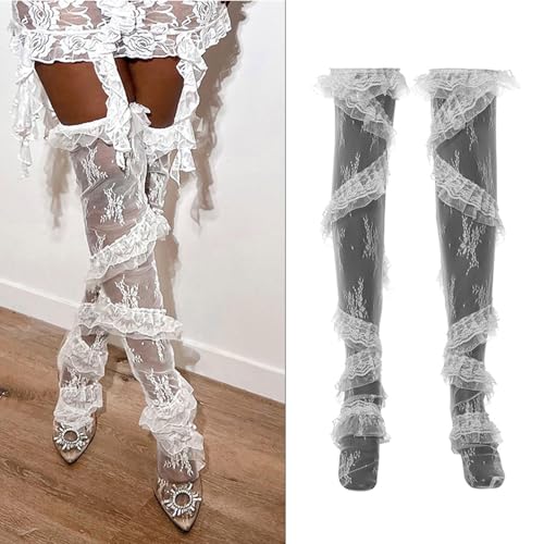Image of Womens Aesthetic Sheer Flower Lace Thigh High Stockings Sweet Twill Ruffle Trim Patchwork Loose Over Knee Long Socks