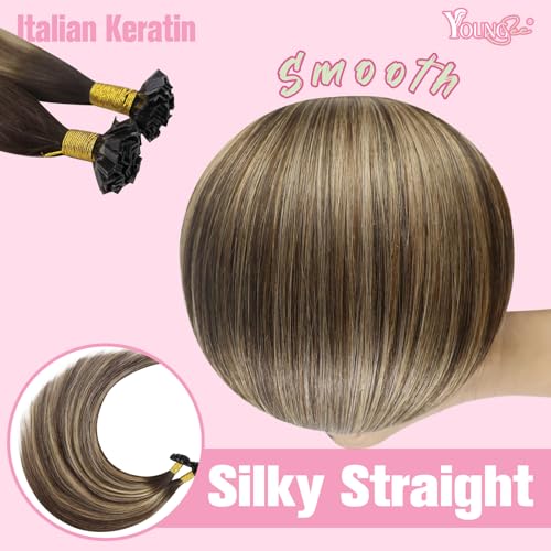 Image of YoungSee K Tip Hair Extensions Real Human Hair Dark Brown Ombre Blonde with Brown Balayage K Tip Hair Extensions Real Human Hair 20In Keratin Hair Extensions Brown Pre Bonded Hair Extensions 50S /50G