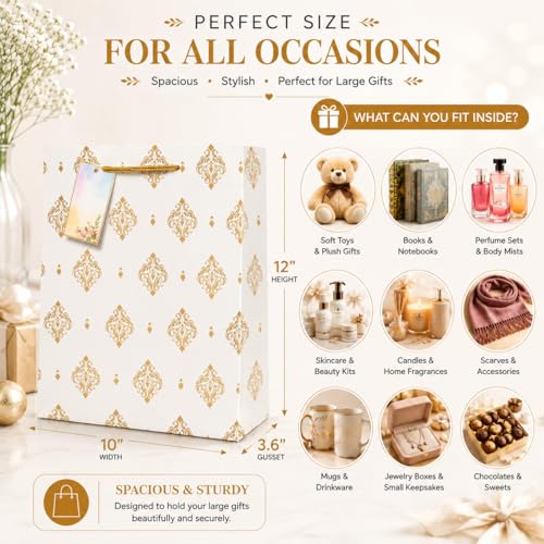 Image of Flora Paperbags |paper bags for Gifting | Medium Size Gift Bags 12 x 10 x 3.6 Inch | Premium Gold Printed Paper with Rope Handles | Wedding Return paper Bags, Birthday Gift Bags, Party Favors & Corporate Gifting | Pack of 10