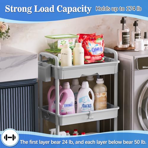 Image of SUNALLY 3 Tier Rolling Cart with Drawer, Bathroom Storage Organizer with 2 Lockable Wheels, Multifunctional Rolling Storage Cart for Bathroom, Kitchen, Office, Craft, Makeup, Baby Essentials, Gray