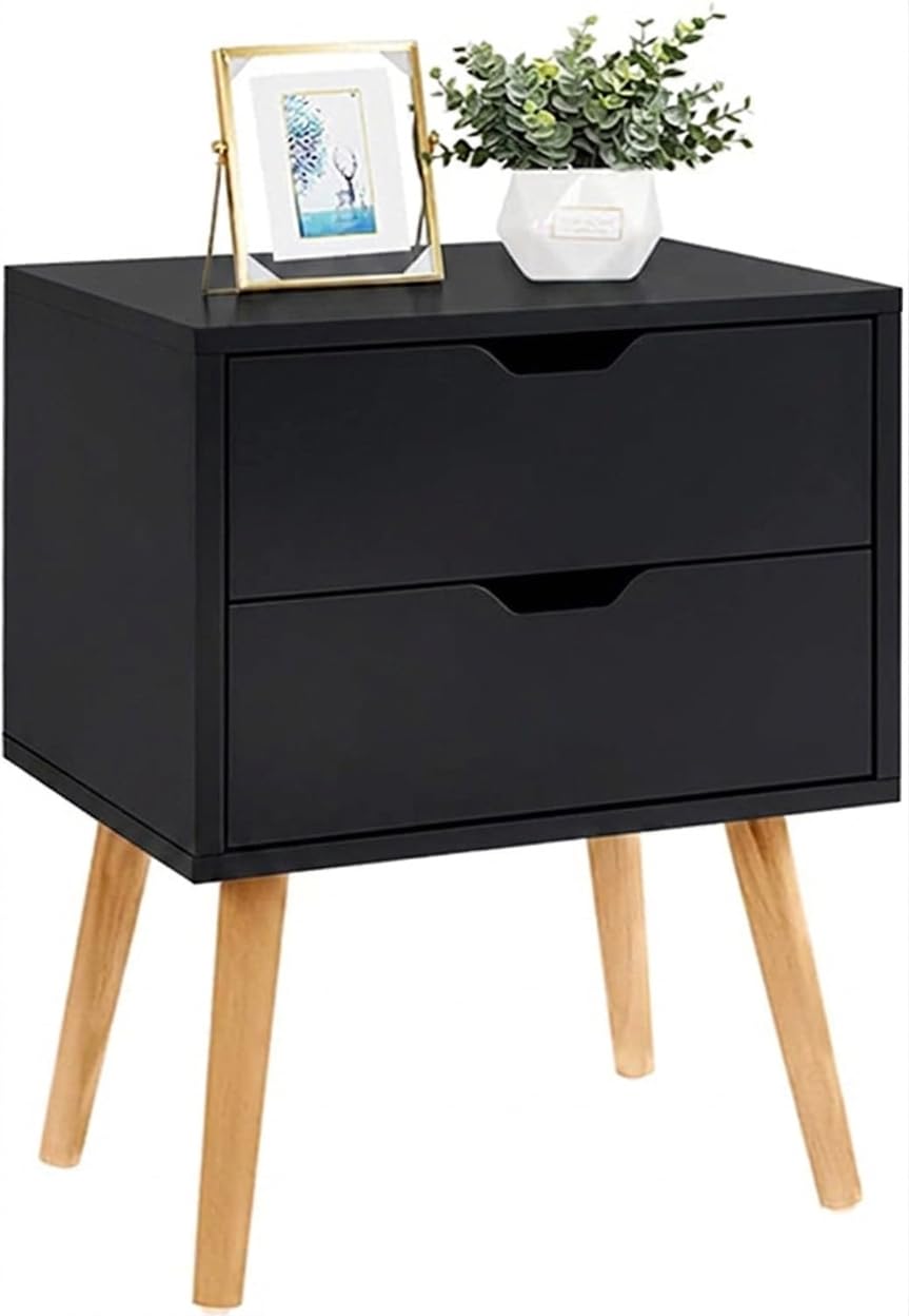 INTRAHAUS Modern White Bedside Table with 2 Drawers & Wooden Legs | Compact Nightstand for Bedroom | Scandinavian Style Side Table with Storage for Home Living Room (Black, 2 Drawer)
