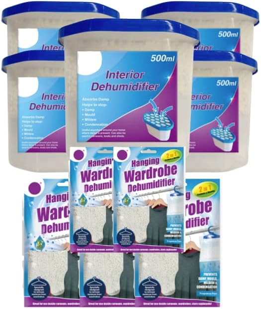 x5 Jumbo 500ml Disposable Dehumidifiers PLUS x5 Wardrobe Dehumidifier