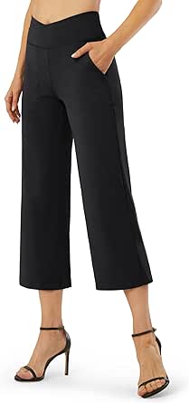 G4Free Womens Wide Leg Pants Yoga Dress Pants with Pockets Petite/Regular/Tall Cross Capri Pants for Casual Work