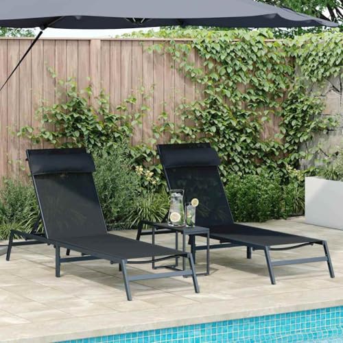 INLIFE Transats avec Table 3 pcs Noir et Anthracite 197 x 54 x 86 cm