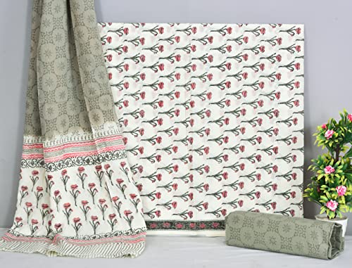 Image of NISHIRE Women's Cotton Jaipuri Hand Block Print Unstitched Suit Material with Cotton Mulmul Dupatta