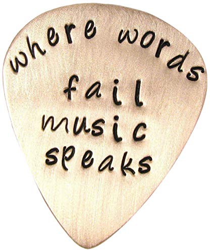 Personalized copper guitar pick, key chain, necklace, brushed, where words fail music speaks