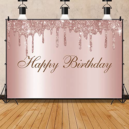 OFILA Joyeux Anniversaire Toile de Fond 3x2m Or Rose Anniversaire Photo Fond Paillettes Or Rose Photographie Toile de Fond Doux 16ème 18ème Filles Femmes Fête d'anniversaire Toile de Fond Cover