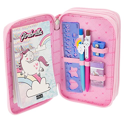 Girabrilla Nice Group Unicorn Pencil Case with 3 Compartments for Children Duvet Effect, Pink - Image 4