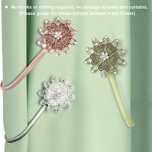 AULEEP Magnetic Curtain Tiebacks, 4 Pack Modern Metal Curtain Tie Backs, Indoor & Outdoor Use Decorative Drapes Clips Buckle with Crystal Flower Beads for Thin or Thick Curtains(Silver)