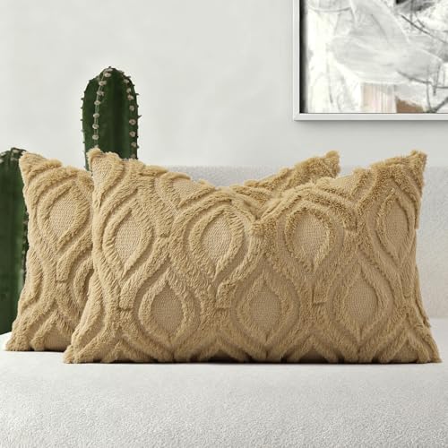 decorUhome Lot de 2 Housses de Coussin rectangulaires en Fausse Fourrure de Style bohème Neutre pour canapé, 30 x 50 cm, Taupe