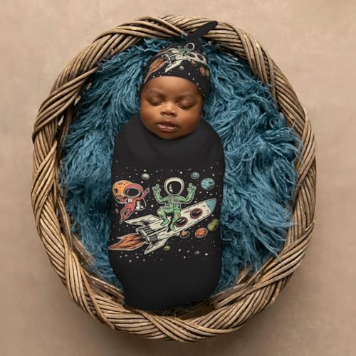 Image of Cute Astronaut and Alien Newborn Swaddle Blanket with Beanie Set Soft Baby Sleep Sack Stretch Adjustable Swaddle Wraps Receiving Blankets