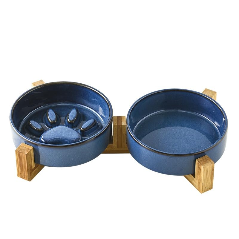 Pet bowl Double cat bowl,Ceramic Raised Dog Bowl Set with Wood Stand, Elevated Pet Slow Food and Water Bowl, Dog slow Bowl，Cat Bowl Feeding Bowl (Blue, （slow&flat）L with wooden stand)