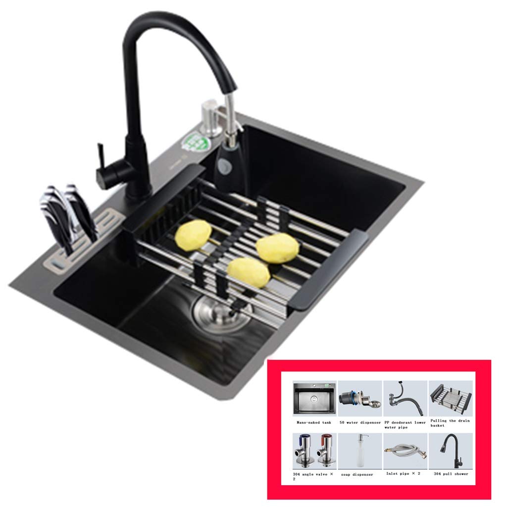 ZQFHSX Kitchen Sinks Fixtures Square 304 Stainless Steel Single Basin Sink Black Household With Knife Holder Nano Antibacterial Oil Resistant Durable (Color : Black, Size 60 * 45 21cm)
