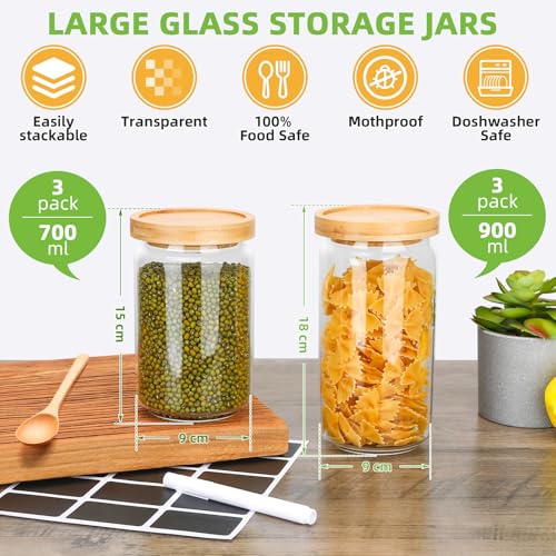 Barattoli Vetro con Coperchio, Set di 6 Contenitori per Alimenti con Coperchi in Bambù, Barattoli Cucina Trasparente, Contenitori per Pasta, Barattoli Spezie per Chicchi di Caffè, Cereali - immagine 3