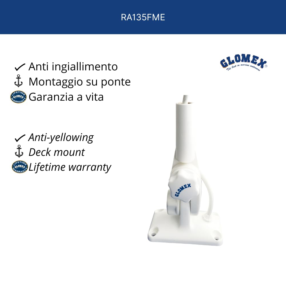 Glomex – Base a Doppio Snodo Glomeasy in Nylon (Bianco), Modello RA135FME – Bloccaggio a Manopola, Passacavo Impermeabile, Filettatura 5/8"x24, Per barche a vela, motore, gommoni, yacht