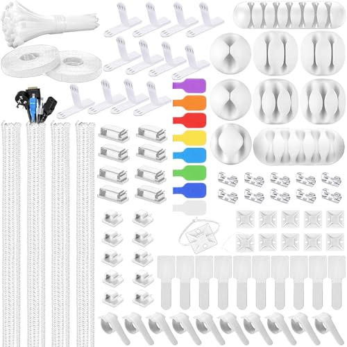 Ditar 193 PCS Cable Management Kit - 4 Cable Sleeve, 57 Self Adhesive Cable Clips, 12 Hanging Strips, 12 Cable Organizer Straps and 100 Fastening Cable Ties for TV Computer Under Desk (White)