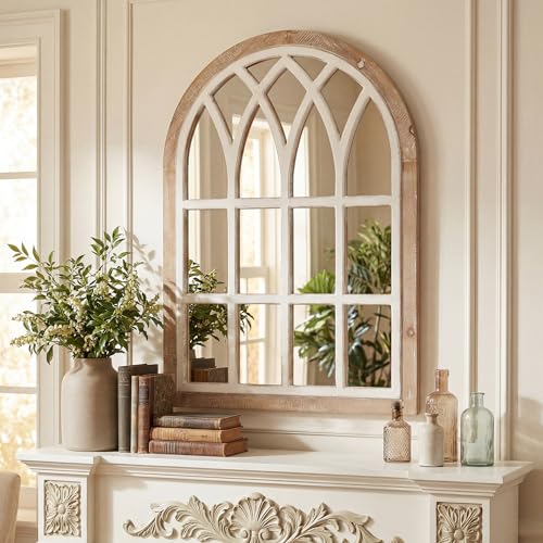 Runglecho Farmhouse Window Pane Mirror Large Decorative White Wall Mirror for Living Room Kitchen Entryway 24 L x 34 Brown