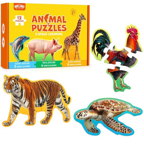 Image of BenBen Puzzles for Toddlers 2-4,12 Animal Puzzles, 3 Levels Step-by-Step