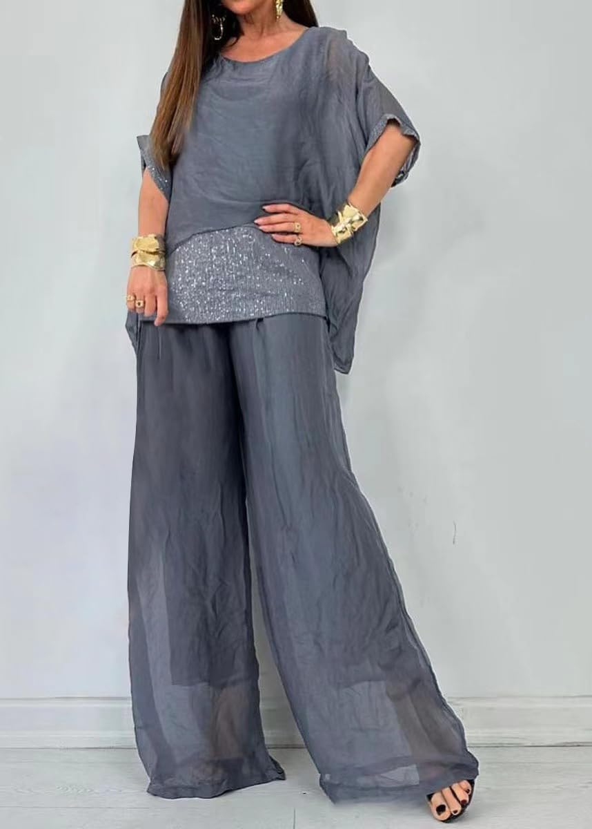 Set di Camicetta in Chiffon a Due Pezzi Tinta Unita Vintage Elegante da Donna e Pantaloni a Vita Alta Set Abito da Sera in Tulle Set di Pantaloni per Feste in Costume da Festa