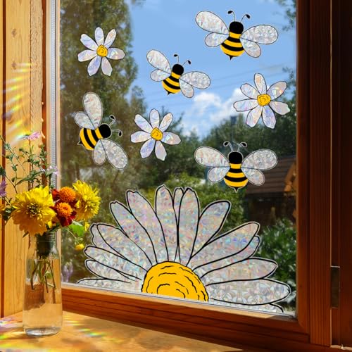 WandSticker4U- [8 Stück] Fensterbilder Kinder BIENEN & GÄNSEBLÜMCHEN Suncatcher Sticker (63x39 cm) I Fenstersticker Blumen Kinder I Prisma Fensteraufkleber Fensterdeko Kinderzimmer Frühling Sommer