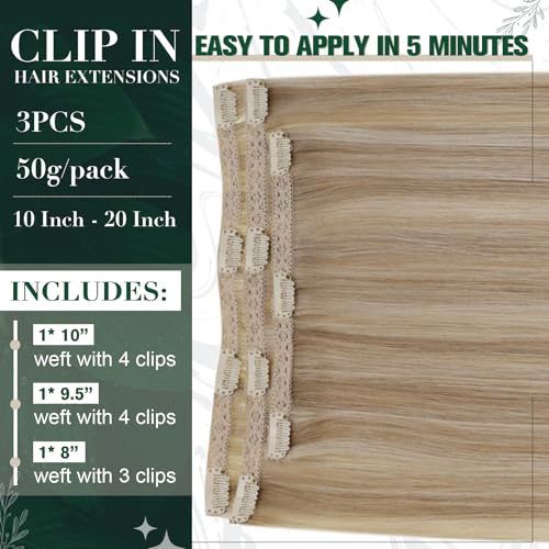 RUNATURE Clip-In Real Hair Extensions, Blonde Highlighting, 25 cm, 3 Pieces, Seamless Clip-Ons, Golden Blonde, 50 g - Image 3